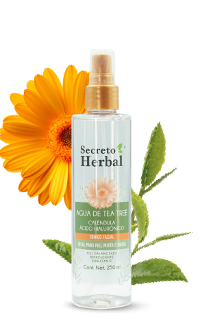 Agua Cosmética de Agua de Tea Tree, Caléndula y Ácido Hialurónico Secreto Herbal